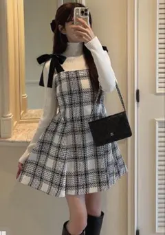 グレイルツイードチェックショルダーリボンミニワンピース[tu1417] Sサイズ