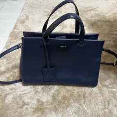 アニエスベー トートバッグ ソフィ 肩掛け シボ革 チャーム 金ロゴ　ネイビー