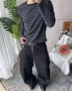achieveボーダー　ロンt グレー　短丈