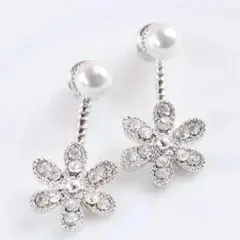 シルバー クリスタル 花 一粒 真珠 スタッド 2WAY ピアス #C12-6