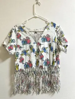 オウム柄　リメイクTシャツ　フリンジ