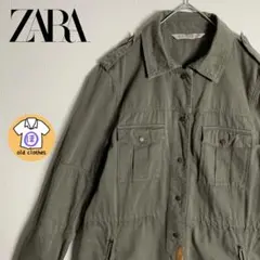 ザラ ミリタリージャケット　革パッチ　ドローコード　カーキ　オリーブ 古着　L
