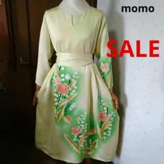 SALE！正絹 訪問着 ウエストリボン付きタック入りワンピース♪着物リメイク