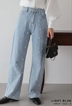 ランダムパール付きワイドデニム