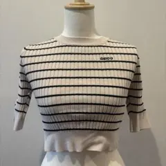 Chico ボーダー リボン付き リブニット 半袖 クロップド丈