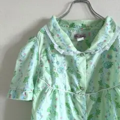 used パイピングシャツワンピース 花柄刺繍 コットン 羽織り グリーン 古着