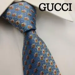 【美品】 グッチ 高級シルクネクタイ 総柄 ブルーグレー