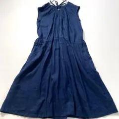 【くるみ様専用】08mab　リネンギャザーフレアワンピース ノースリーブ 紺