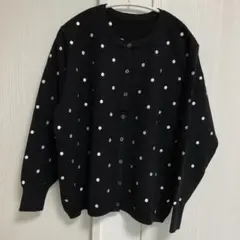 大きいサイズ　otostyle ドット刺繍　クルーネック　ニットカーディガン　黒