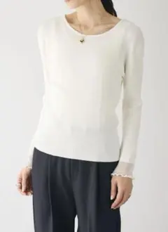 ニットリブ編みフレアスリーブ長袖トップス