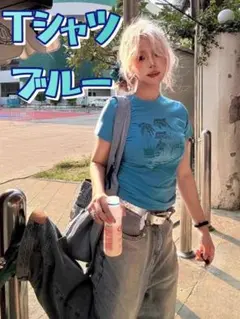 ★新品 Tシャツ ブルー y2k 平成ギャル 半袖 ラインストーン クロップド丈