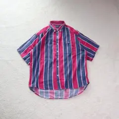 90s ストライプシャツ 半袖 柄 XL 赤 紺 白 Vintage