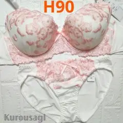 H90 新品未使用 ブラショーツセット 3696 白×ピンク フラワー刺繍