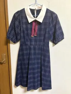Amavel ネイビー チェック柄 半袖ワンピース