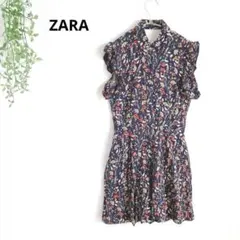 ZARA ザラ　バックオープン花柄キュロットワンピース　フリルスリーブ　Sのサムネイル