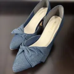 CLOSSI デニムブルー リボン付きハイヒール