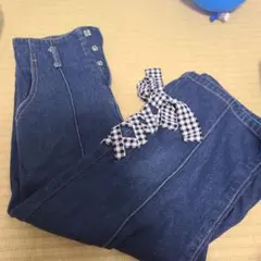 値下げ デニムハイウエストパンツ ギンガムリボン付き