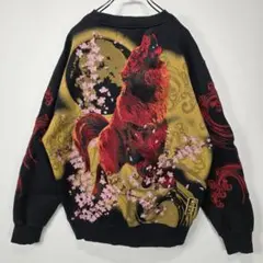 絡繰魂 粋　スウェット　トレーナー　L　桜　狼　刺繍　ブラック　古着　からくり魂