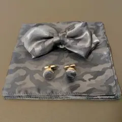 【結婚式】迷彩 蝶ネクタイ ポケットチーフ カフスボタン セット