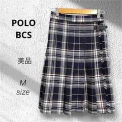 美品 POLO BCS チェック柄 プリーツスカート 巻きスカート　紺　M