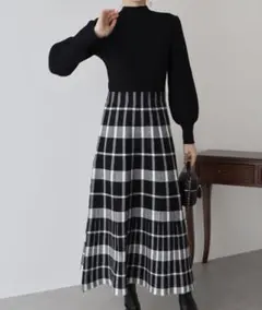 ブルーイースト チェックジャガードニットワンピース M ロング丈