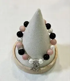 ハンドメイド ブレスレットピンクオパールと黒曜石 象さんチャーム 16cm