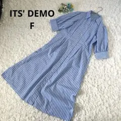 イッツデモ　ストライプシャツワンピース　スキッパー襟　ロング　青　F 五分袖