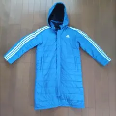 adidas ベンチコート ロング 裏ボア 中綿入り 青 150cm 3本ライン