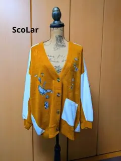 【ScoLar】ネコと気球刺繍 配色切替オーバーサイズカーディガン