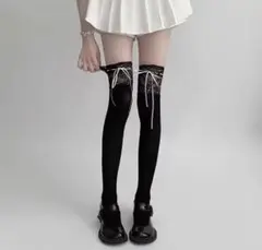 レースリボン ニーハイソックス 黒白2足セット 可愛い 美脚 コスプレ 地雷系