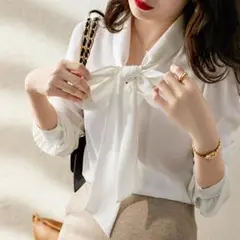 レディース シャツ ブラウス リボン トップス ホワイト（Lサイズ）