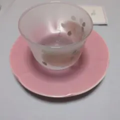 桜模様のピンクガラスカップ・ソーサーセット　宇野千代　5客セット