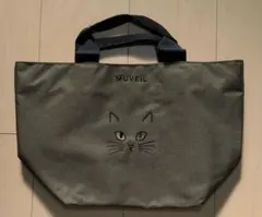 MUVEIL 猫顔刺繍 オリーブバッグ　ファスナー付き