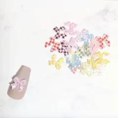 【素材】チェック柄リボンのネイルパーツ MIXセット 12色 20個