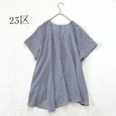 23区　半袖シャツ　ブラウス　ストライプ柄　切り替え　異素材　洗える