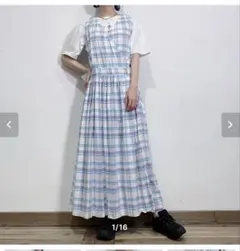 ヴィンテージ青と白のチェック柄マキシワンピース