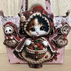 猫とイチゴ柄のトートバッグ♡ルミちゃんマスコット付き♡♡コヤン