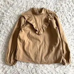 【アダムエロペ】Vフリルスタンドカラーブラウス　コットン　フリー　ベージュ