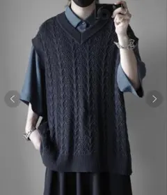 クーピー　透かし編みニットベスト　M ダークグレー　男女兼用　重ね着　綿100%