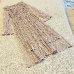 総レース♥マウスヴァレー♥長袖ロングワンピース 【M】モカ 総花柄 ゴム フリル