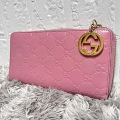 良品✨GUCCI シマ　ピンク　ラウンドファスナー　長財布　インターロッキング