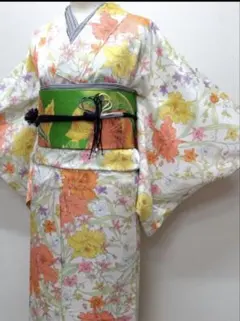 さんび誂え未使用東レシルック生地花文様洗える小紋洗える長襦袢5点フルセット740