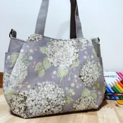 チューリップバッグ　ちょっと小さめ グレー系　花柄　綿　ハンドメイド No4