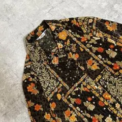 昭和レトロ 花柄パッチワーク調 ブラック×オレンジ長袖シャツブラウスフリーサイズ