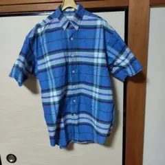 青系チェック 半袖シャツ 胸ポケット付き