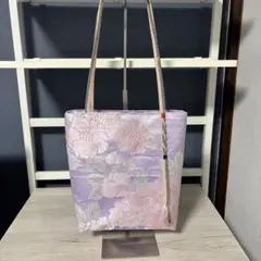 帯リメイクバック　藤色　華やかトートバック　帯締ショルダー