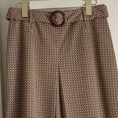 古着 昭和レトロ 総柄 幾何学模様 台形スカート 茶色 オレンジ 裏地付き