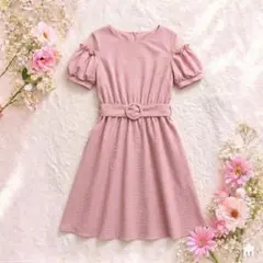 マジェスティックレゴン シアースリーブワンピース ピンク M ベルト付 肩透け