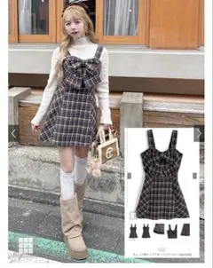 本日限り チェック柄ビッグリボンミニワンピース[tw1242]