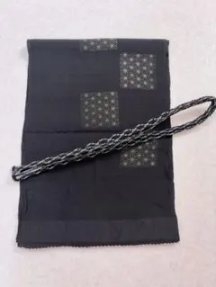 未使用　夏物 絽 麻の葉模様 正絹 帯揚げ帯締めセット 黒 モノトーン　着物